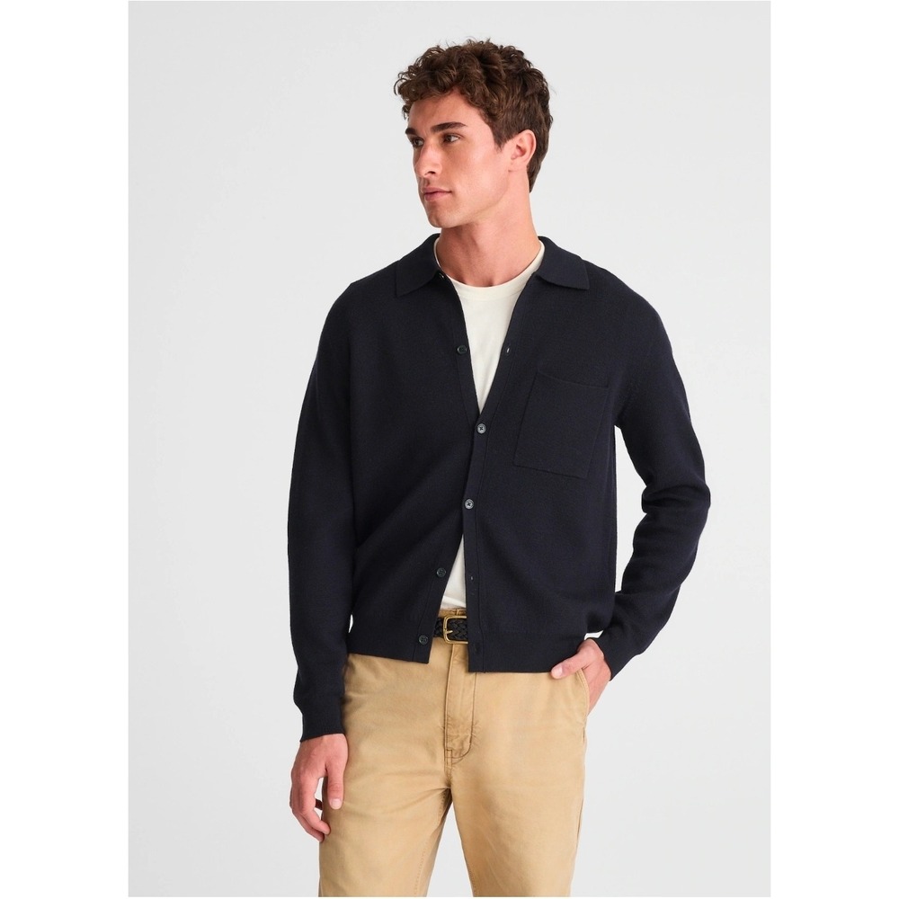 Madewell Mens Large Dark Indigo Blue Collared Cardigan Polo Sweater Merino Wool